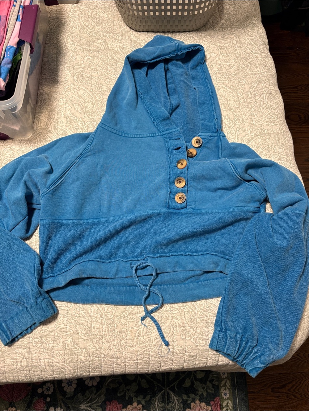 Free People Blue Hooded V-Neck Button Pullover